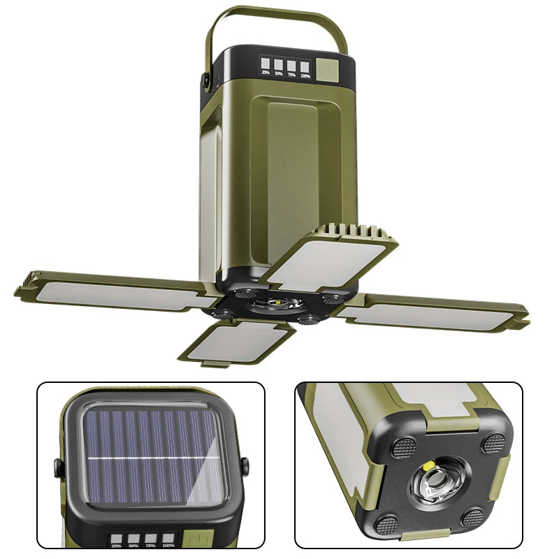 Lámpara Solar Portátil para Camping con Batería 2000mAh, Carga Solar y Power Bank