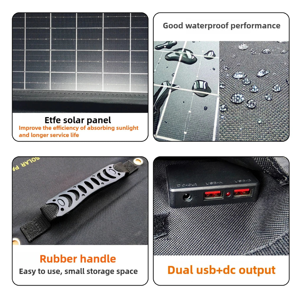 Cargador Solar Impermeable 50W 90W Plegable y Portátil con Salidas USB y DC para Exteriores Emergencias Camping Senderismo