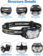 Linterna Frontal 9 LED Recargable USB con Sensor de Movimiento para Camping, Pesca y Trabajo al Aire Libre
