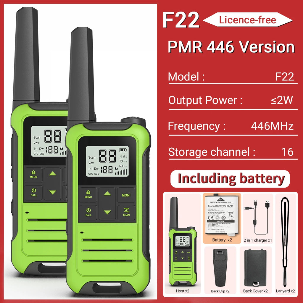 2 Radios Baofeng F22 Mini Walkie Talkie PMR 446MHz Largo Alcance NOAA Cargador Tipo-C Portátiles para Senderismo