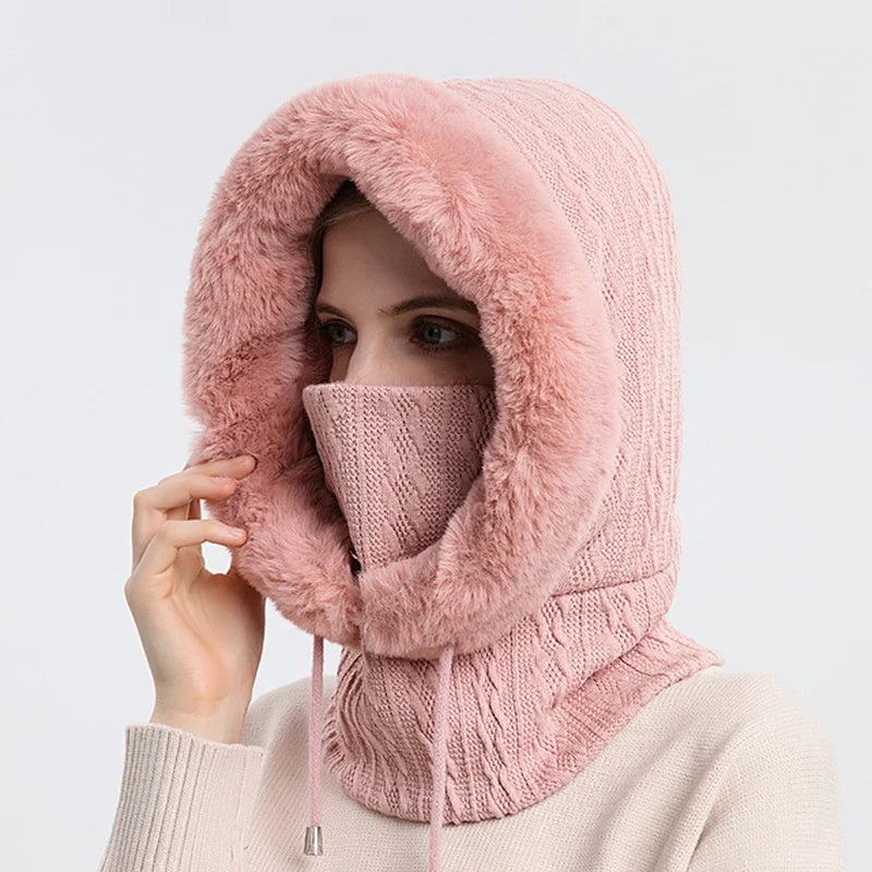 Gorro de Invierno con Máscara y Capucha para Mujer, Tejido de Cachemira, Calidez para Cuello, Esquí y Outdoor, Antiviento, Forro de Felpa, Estilo Ruso