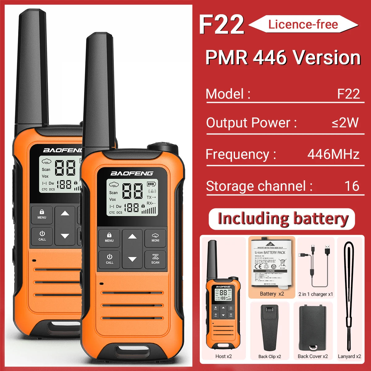 2 Radios Baofeng F22 Mini Walkie Talkie PMR 446MHz Largo Alcance NOAA Cargador Tipo-C Portátiles para Senderismo