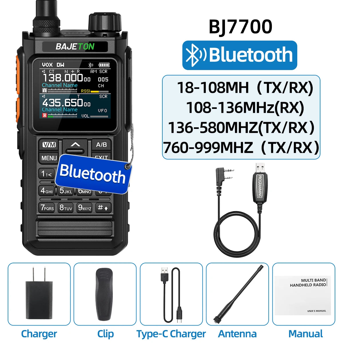 BAJETON BJ7700 Walkie Talkie Multibanda Bluetooth Programable, Reducción de Ruido, AM/FM Radio Ham para Camping BJ8200