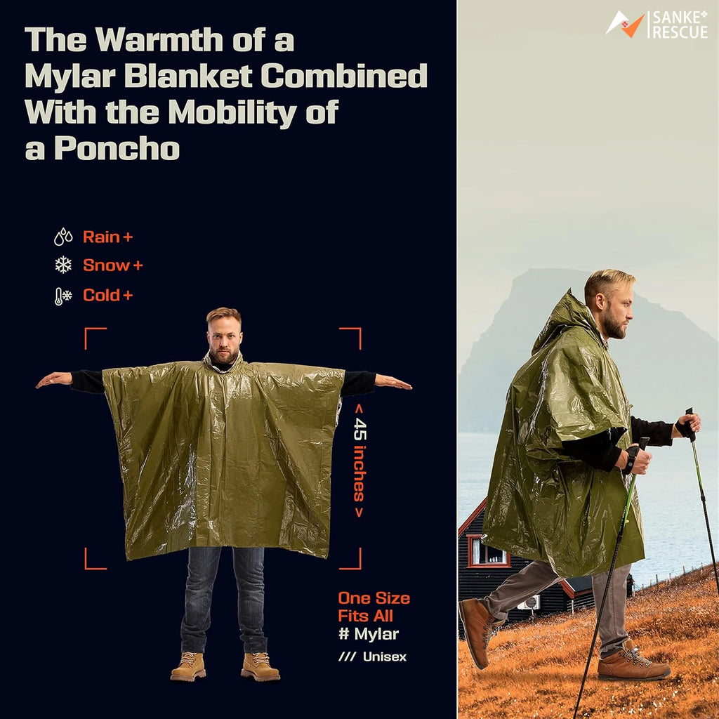 Poncho Impermeable de Emergencia con Película de Aluminio – Manta Térmica Desechable para Supervivencia y Camping