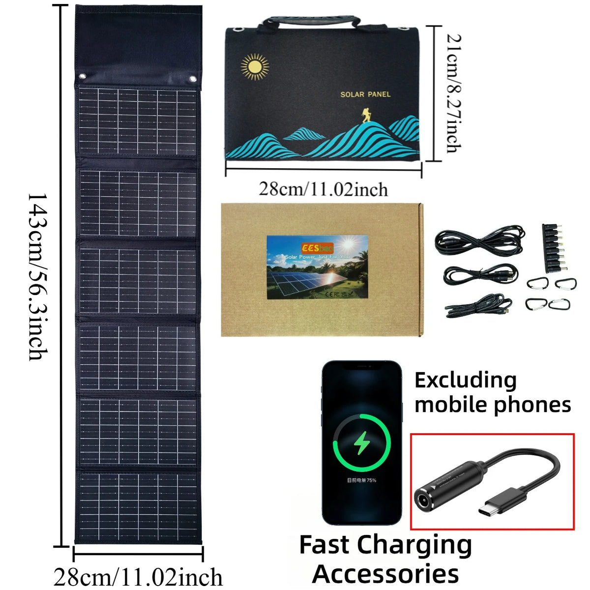 Cargador Solar Impermeable 50W 90W Plegable y Portátil con Salidas USB y DC para Exteriores Emergencias Camping Senderismo