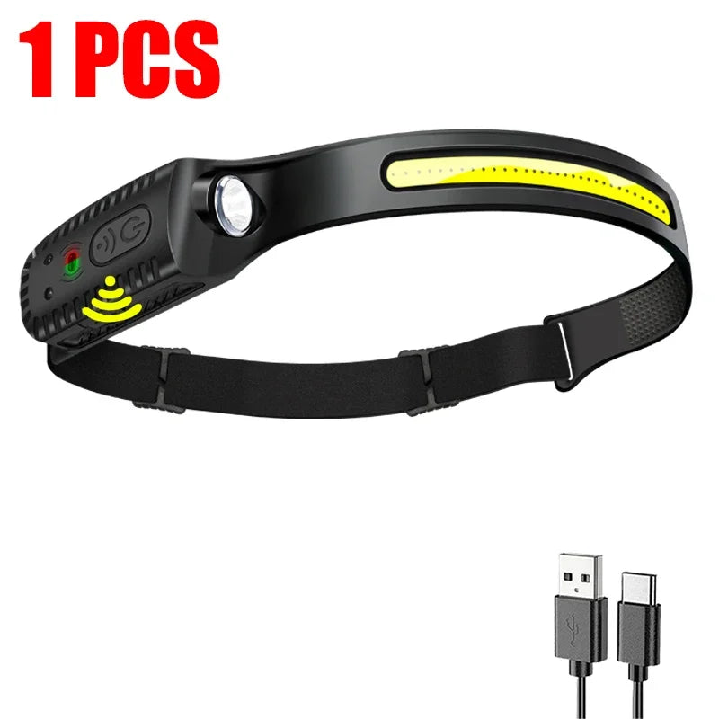 Linterna Frontal LED Recargable USB con Sensor XPE+COB para Camping y Pesca
