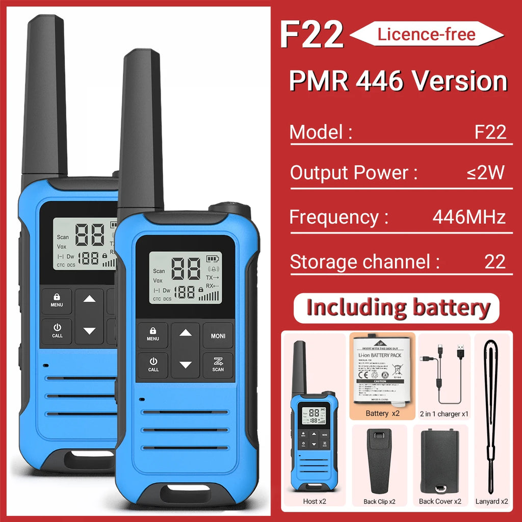 2 Radios Baofeng F22 Mini Walkie Talkie PMR 446MHz Largo Alcance NOAA Cargador Tipo-C Portátiles para Senderismo