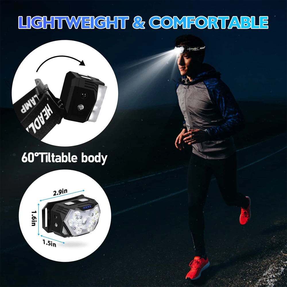Linterna Frontal 9 LED Recargable USB con Sensor de Movimiento para Camping, Pesca y Trabajo al Aire Libre
