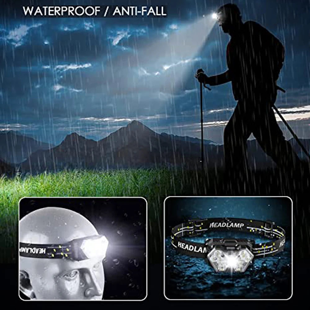 Linterna Frontal 9 LED Recargable USB con Sensor de Movimiento para Camping, Pesca y Trabajo al Aire Libre