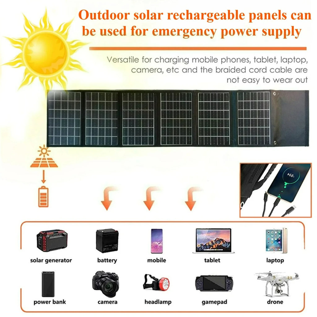 Cargador Solar Impermeable 50W 90W Plegable y Portátil con Salidas USB y DC para Exteriores Emergencias Camping Senderismo