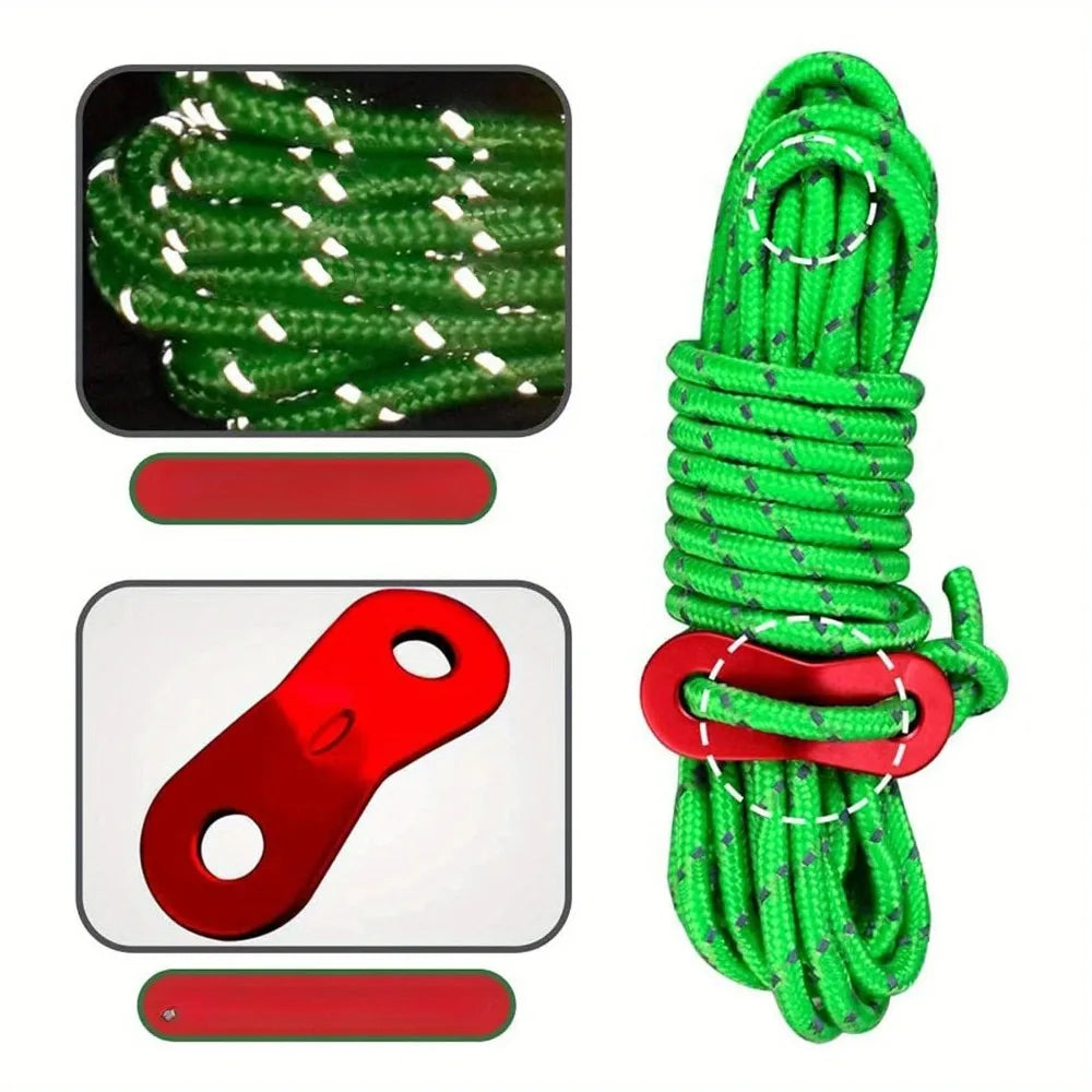 Paquete de 10 Cuerdas Reflectantes para Tienda (4mm) – Alta Visibilidad, Resistencia al Viento y Brillo Nocturno, con Ajustadores de Tensión; Ideales para Camping, Senderismo y Toldos