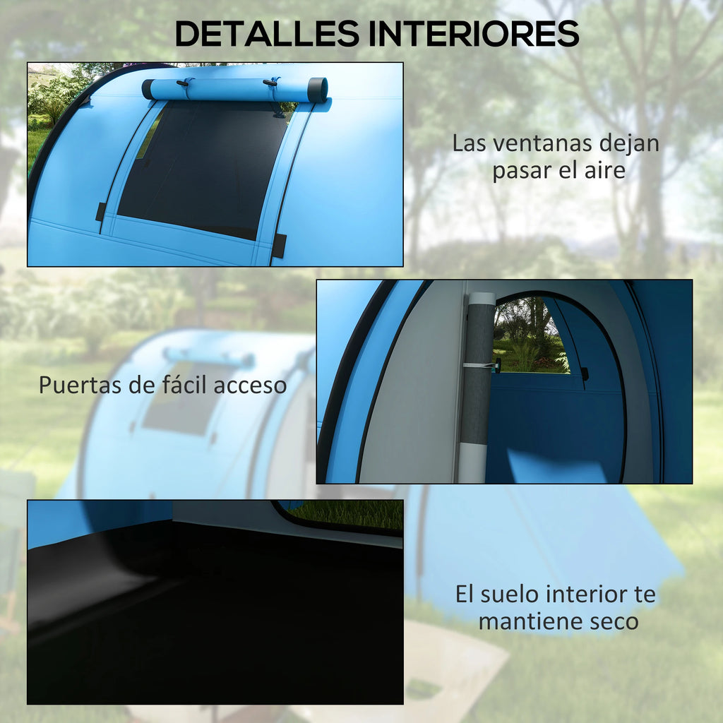 Tienda de campaña para 3 personas con ventanas, gancho, impermeable 3000mm y bolsa de transporte, 470x220x150 cm, azul cielo