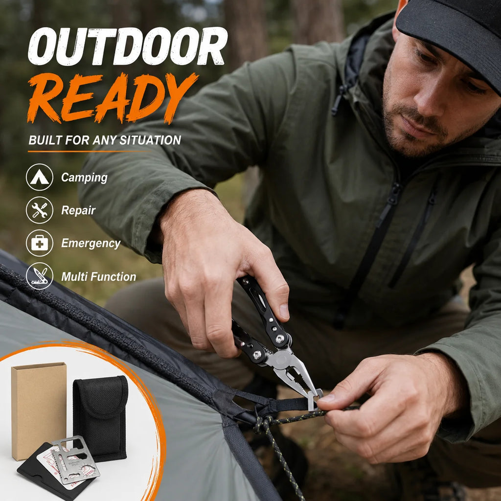 Set de 2 Herramientas Multiusos para Exterior: Alicates Plegables y Tarjeta de Bolsillo para Campamento y Reparaciones
