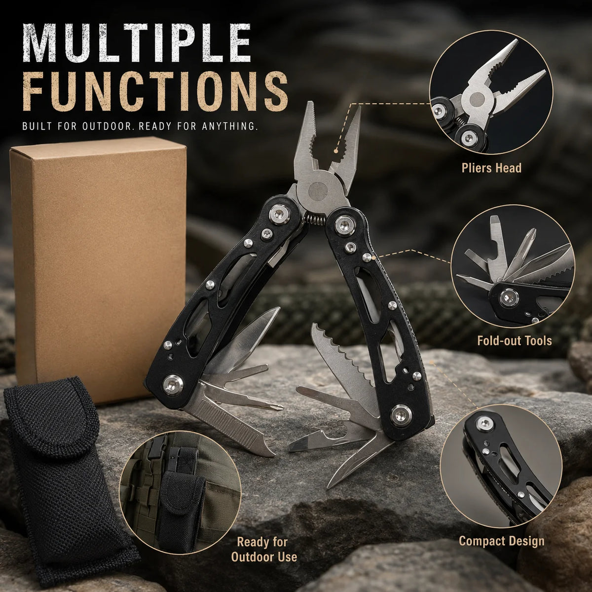 Set de 2 Herramientas Multiusos para Exterior: Alicates Plegables y Tarjeta de Bolsillo para Campamento y Reparaciones