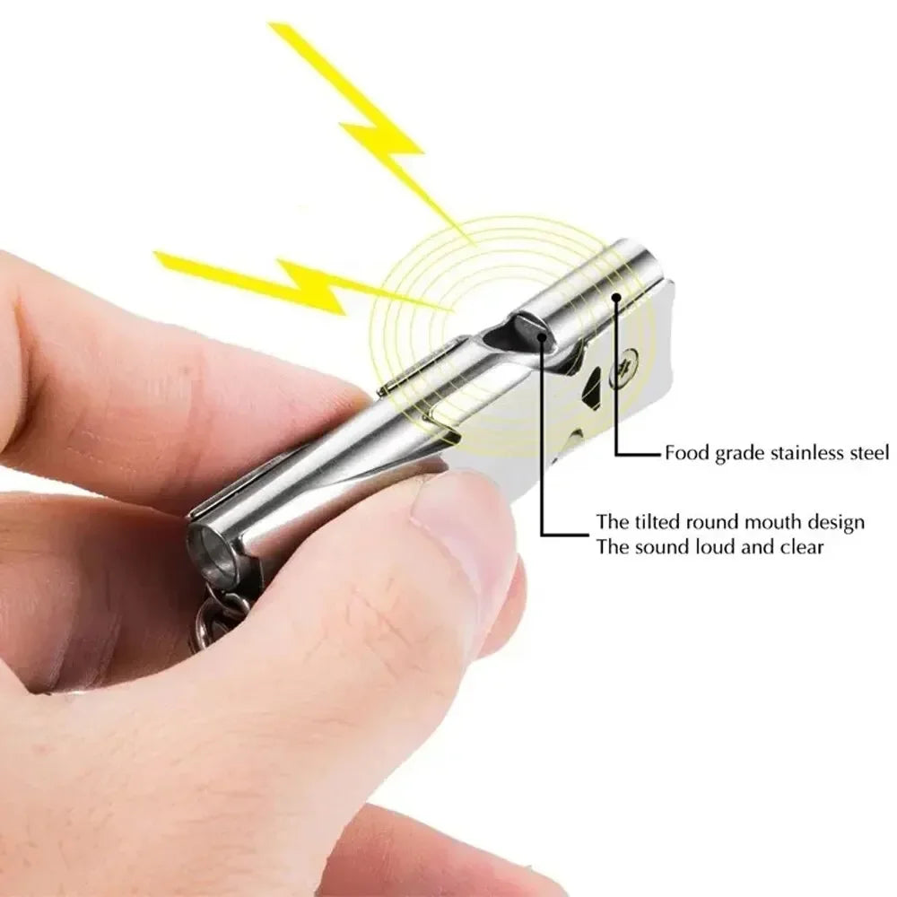 Silbato Doble Tubo Portátil de Acero Inoxidable para Supervivencia y Camping – Alta Potencia, Llavero de Emergencia