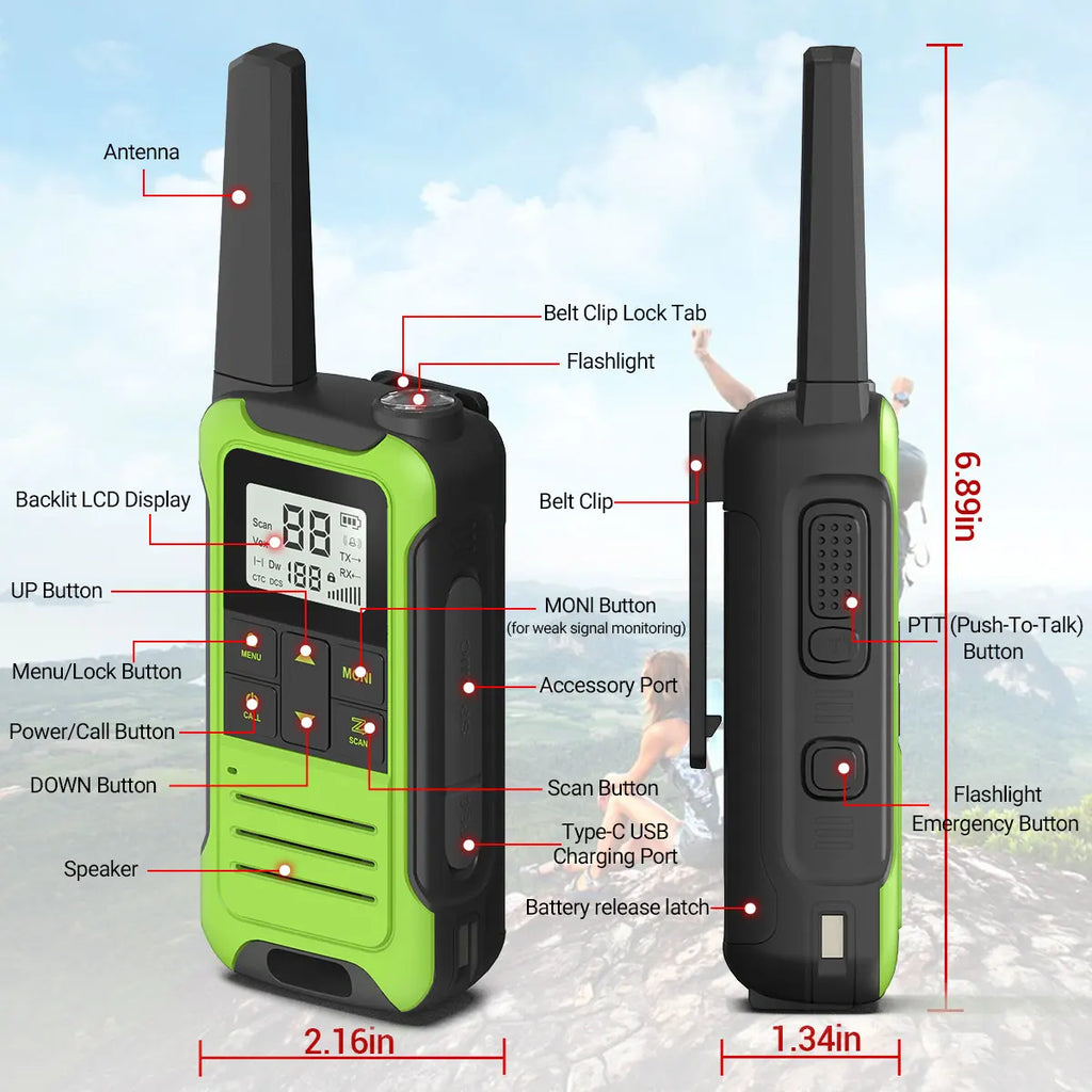 2 Radios Baofeng F22 Mini Walkie Talkie PMR 446MHz Largo Alcance NOAA Cargador Tipo-C Portátiles para Senderismo