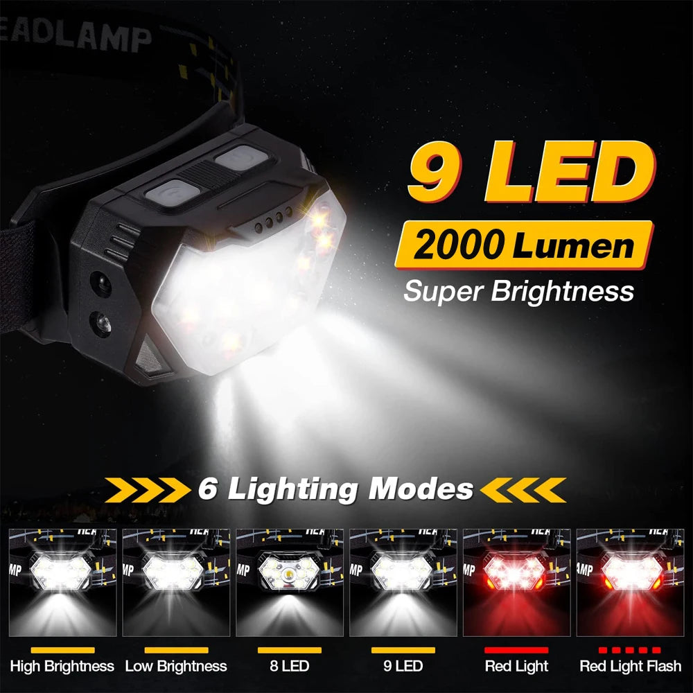 Linterna Frontal 9 LED Recargable USB con Sensor de Movimiento para Camping, Pesca y Trabajo al Aire Libre
