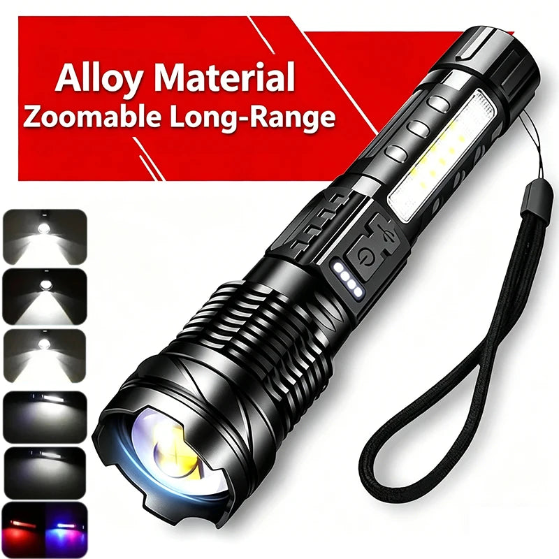 Linterna LED Potente de 2000LM con Pantalla, Recargable USB, Zoom y Modos para Camping, Pesca y Emergencias