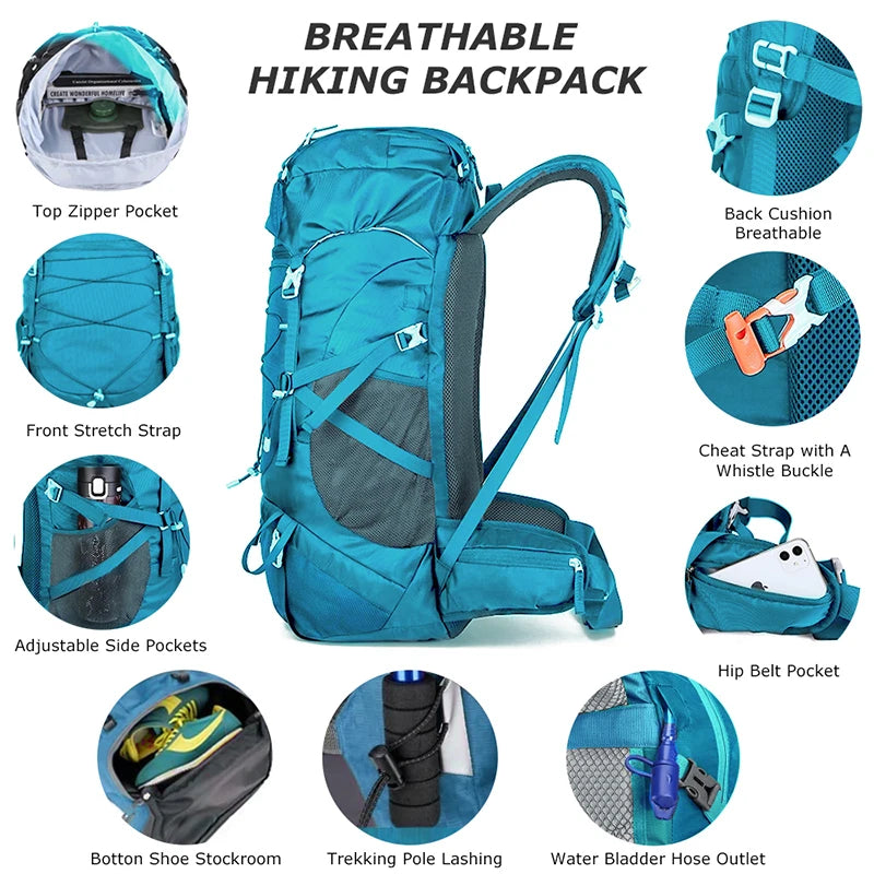 Mochila de Senderismo WESTTUNE 50L con Cubierta Impermeable – Mochila Multifuncional para Montañismo, Viaje y Camping