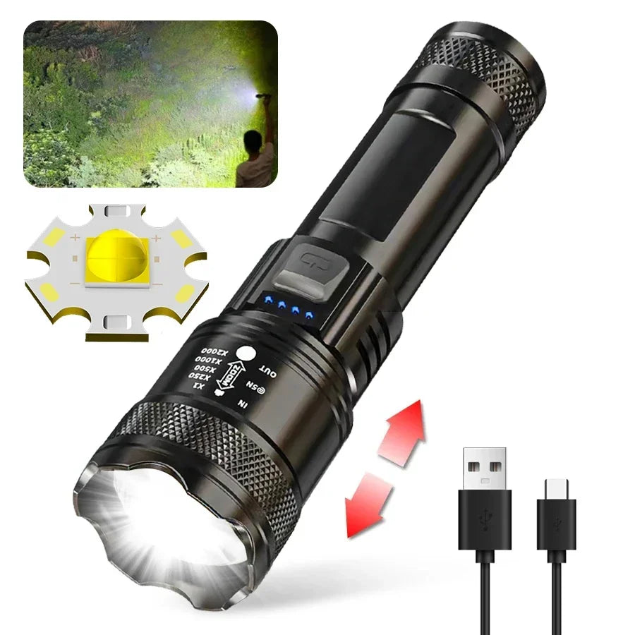 Linterna LED Potente de 2000LM con Pantalla, Recargable USB, Zoom y Modos para Camping, Pesca y Emergencias