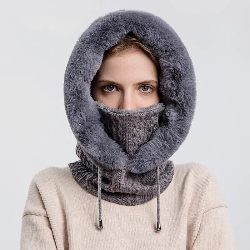 Gorro de Invierno con Máscara y Capucha para Mujer, Tejido de Cachemira, Calidez para Cuello, Esquí y Outdoor, Antiviento, Forro de Felpa, Estilo Ruso