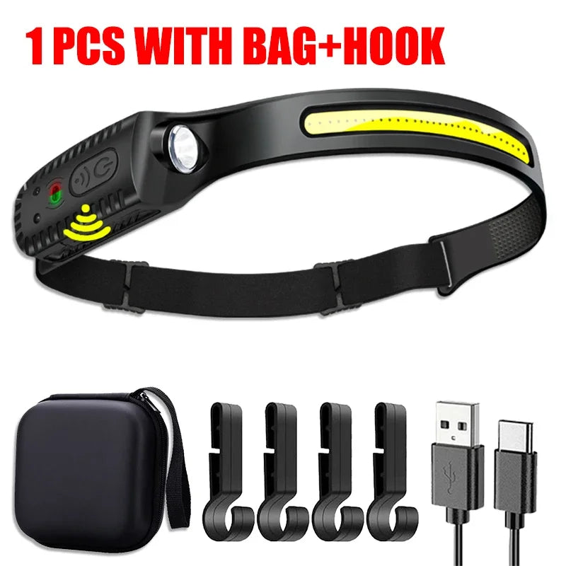 Linterna Frontal LED Recargable USB con Sensor XPE+COB para Camping y Pesca