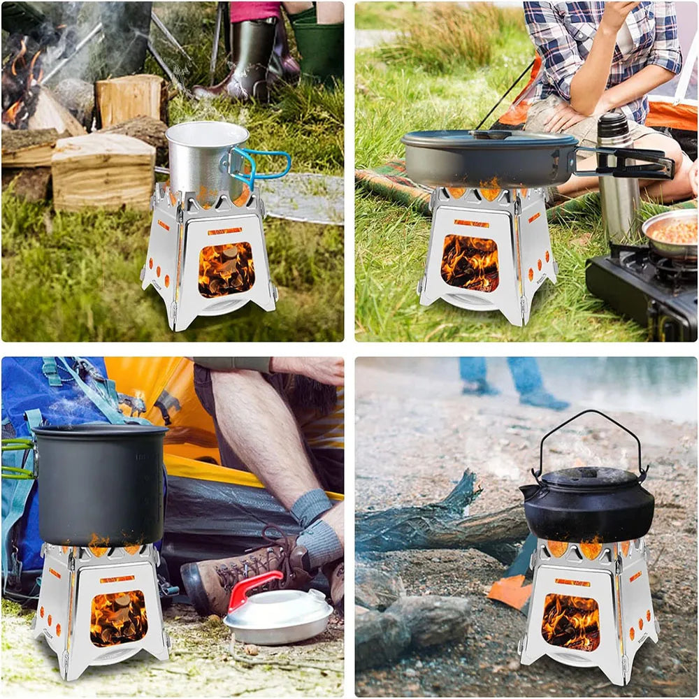 Estufa de Madera Portátil para Camping de Acero Inoxidable, Plegable y Ligera para Senderismo, Viajes, BBQ y Picnic