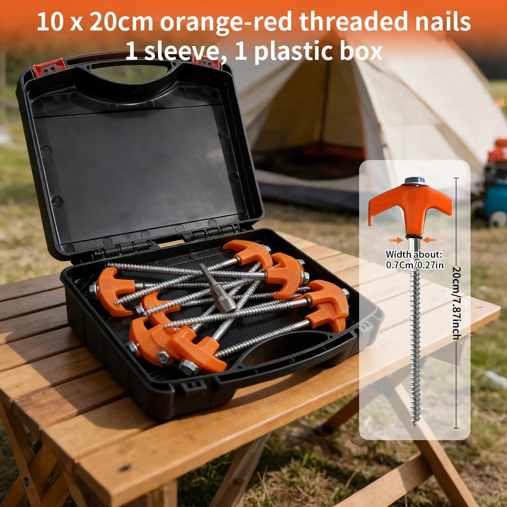 10 Estacas de Tornillo Pesadas para Tienda de Campaña (10 piezas) con Caja de Almacenamiento – Anclajes Resistentes a la Corrosión para Camping y Jardín
