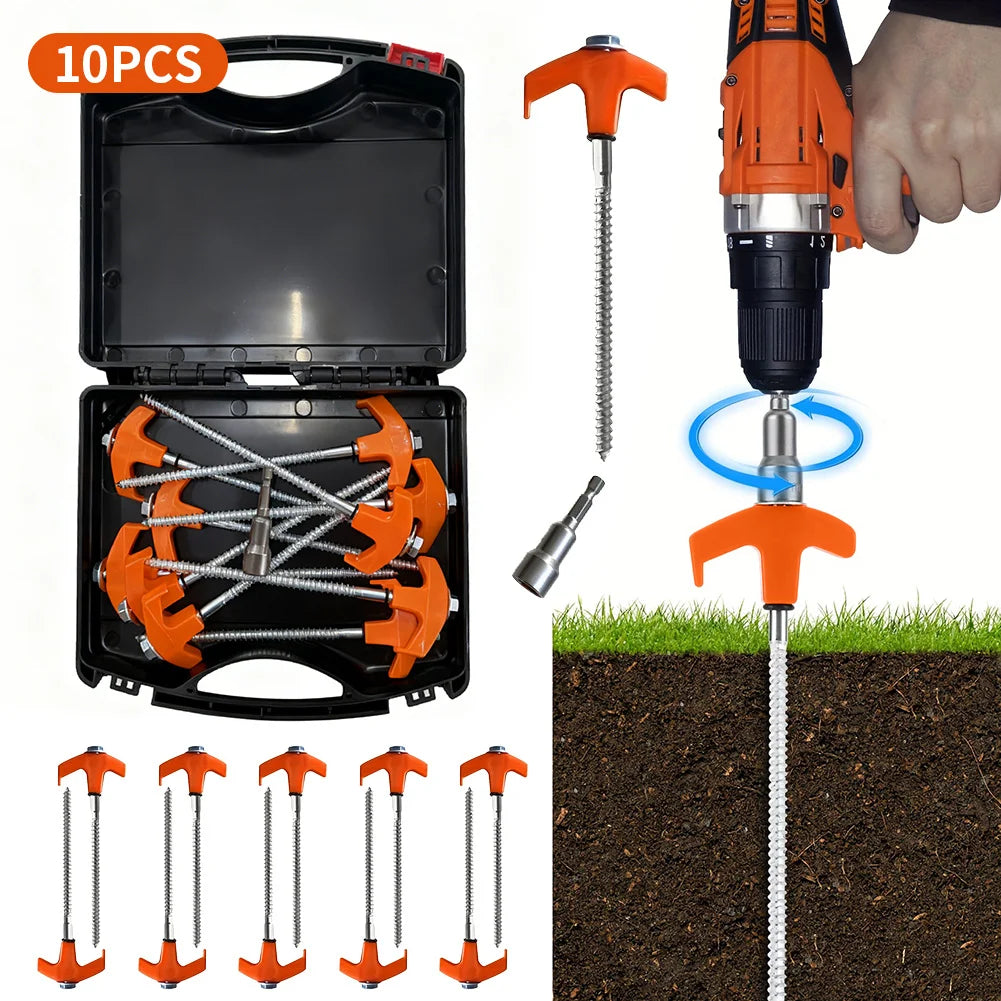 10 Estacas de Tornillo Pesadas para Tienda de Campaña (10 piezas) con Caja de Almacenamiento – Anclajes Resistentes a la Corrosión para Camping y Jardín