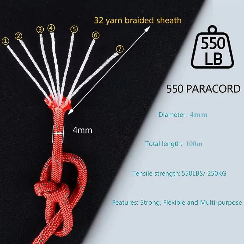 Cuerda Paracord Reflectante Militar 7 Hilos 4mm 550 Lbs para Camping, Tienda y Pulseras DIY