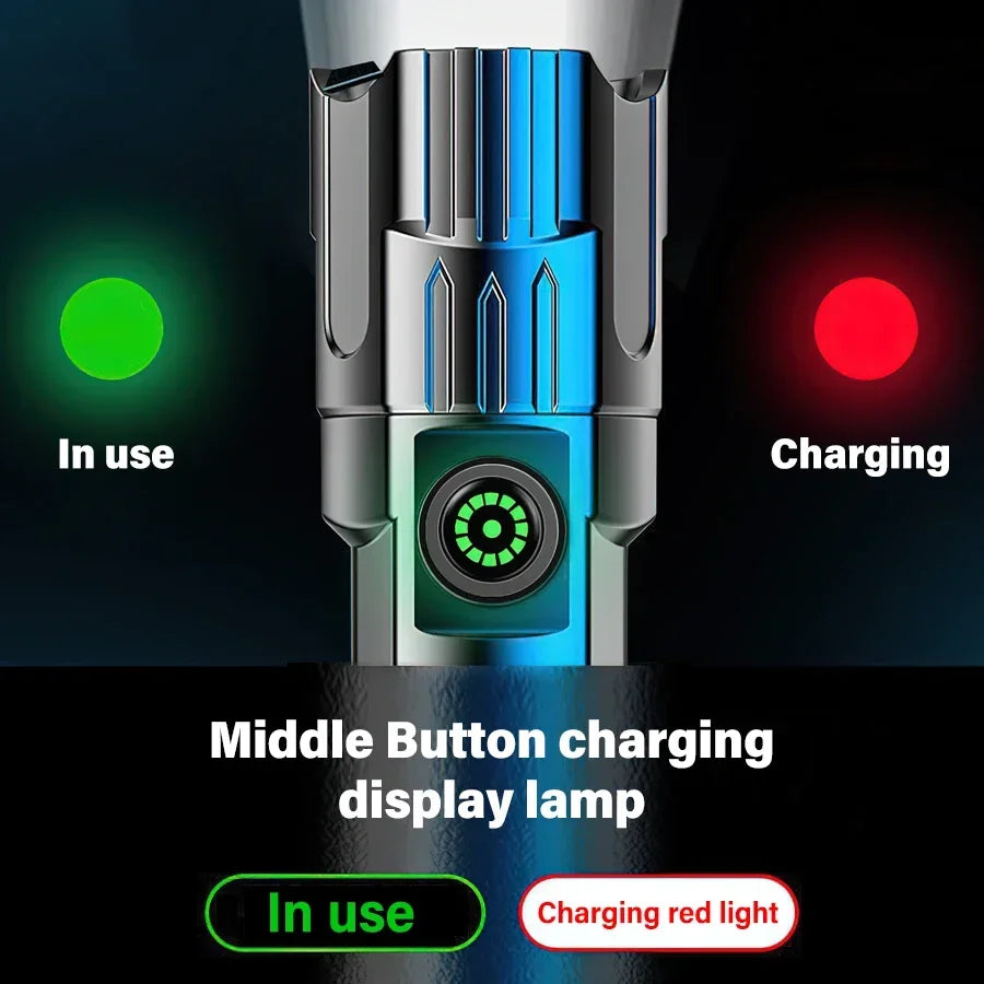 Linterna LED Potente de 2000LM con Pantalla, Recargable USB, Zoom y Modos para Camping, Pesca y Emergencias