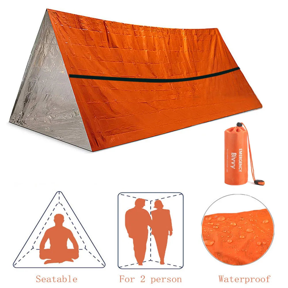 Kit de Refugio de Emergencia para 2 Personas – Tienda Bivy y Saco de Dormir Térmico Reutilizable Impermeable