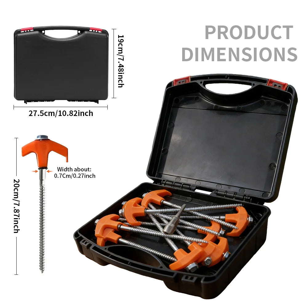 10 Estacas de Tornillo Pesadas para Tienda de Campaña (10 piezas) con Caja de Almacenamiento – Anclajes Resistentes a la Corrosión para Camping y Jardín
