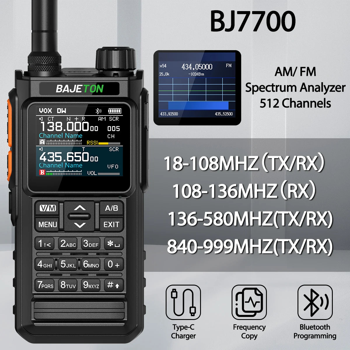 BAJETON BJ7700 Walkie Talkie Multibanda Bluetooth Programable, Reducción de Ruido, AM/FM Radio Ham para Camping BJ8200