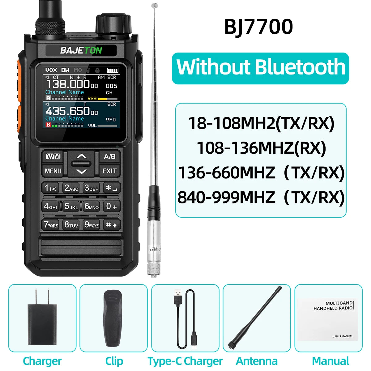 BAJETON BJ7700 Walkie Talkie Multibanda Bluetooth Programable, Reducción de Ruido, AM/FM Radio Ham para Camping BJ8200