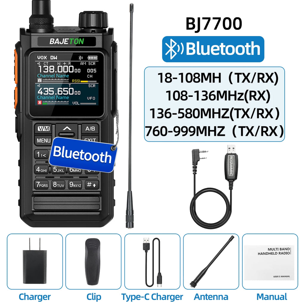 BAJETON BJ7700 Walkie Talkie Multibanda Bluetooth Programable, Reducción de Ruido, AM/FM Radio Ham para Camping BJ8200