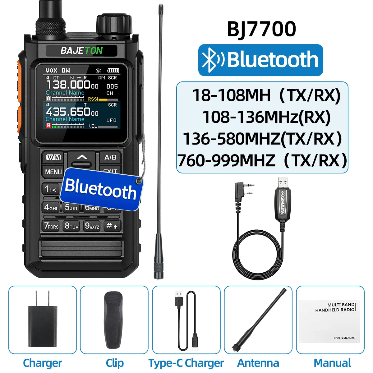 BAJETON BJ7700 Walkie Talkie Multibanda Bluetooth Programable, Reducción de Ruido, AM/FM Radio Ham para Camping BJ8200