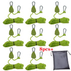 Set de 8 Cuerdas de 4m para Camping con Tensor Ajustable y Hebillas Fijas