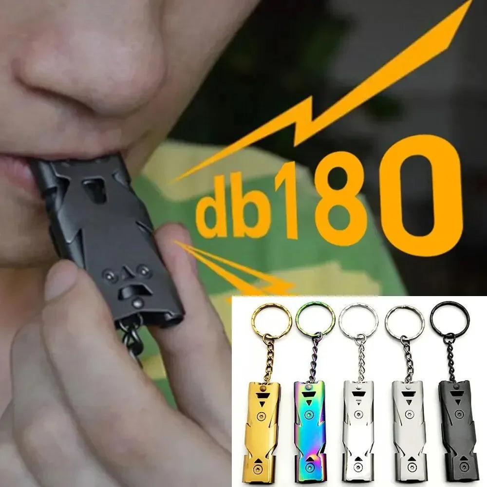 Silbato Doble Tubo Portátil de Acero Inoxidable para Supervivencia y Camping – Alta Potencia, Llavero de Emergencia