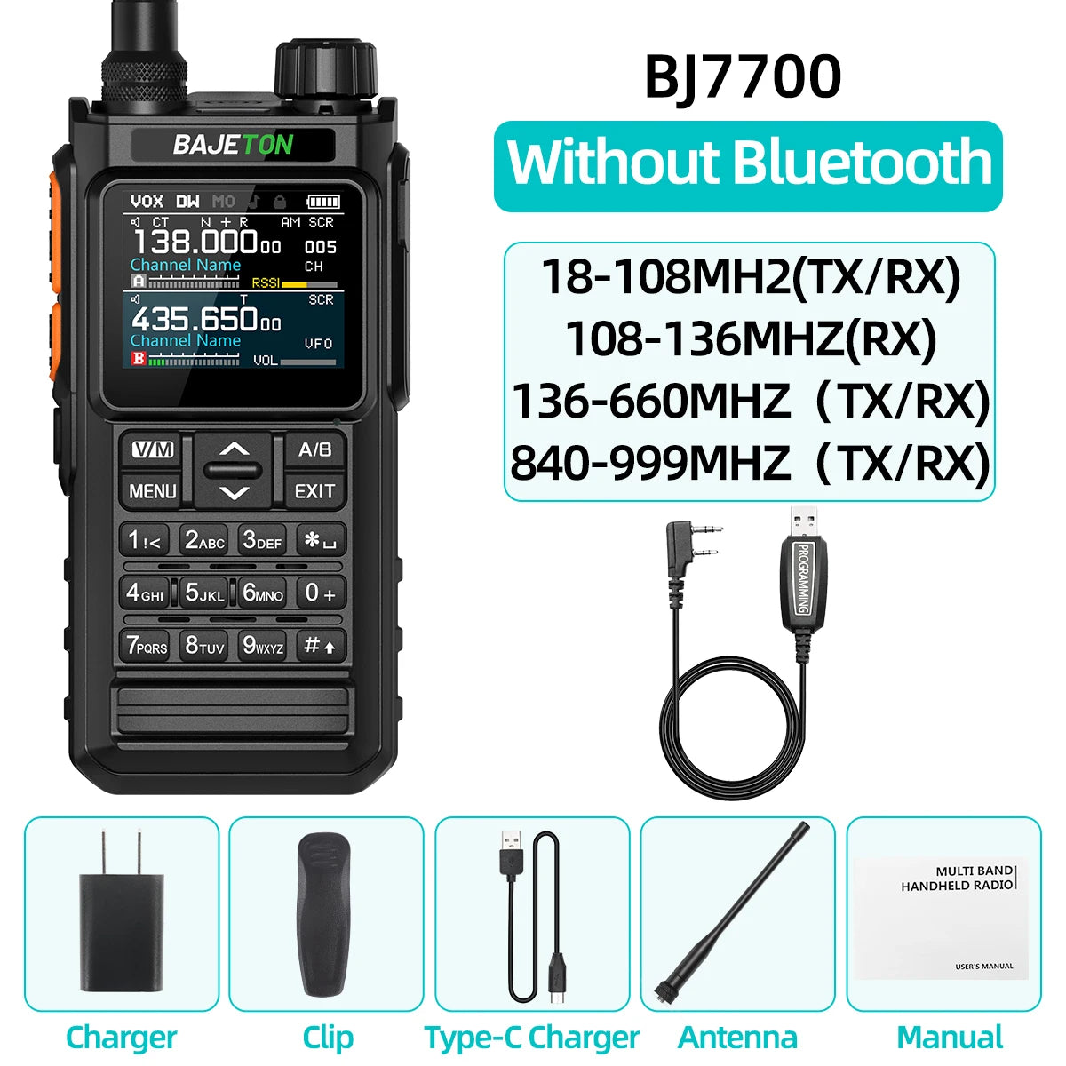 BAJETON BJ7700 Walkie Talkie Multibanda Bluetooth Programable, Reducción de Ruido, AM/FM Radio Ham para Camping BJ8200