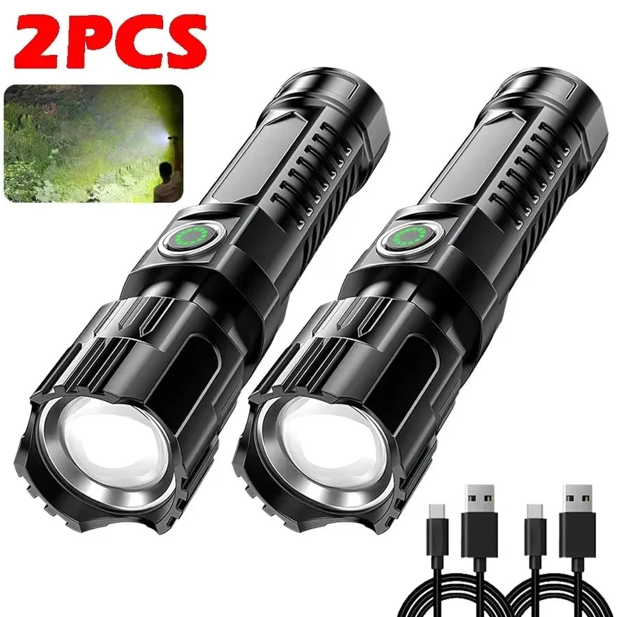 Linterna LED Potente de 2000LM con Pantalla, Recargable USB, Zoom y Modos para Camping, Pesca y Emergencias