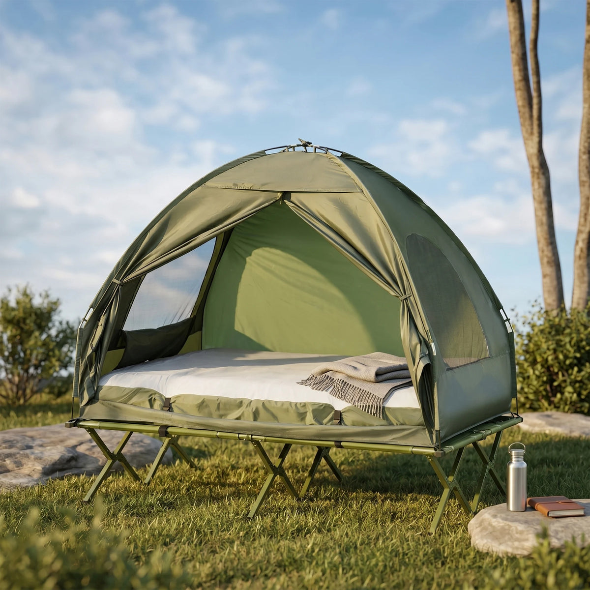 Cama Doble Plegable Outsunny con Colchón Inflable y Tienda para Camping