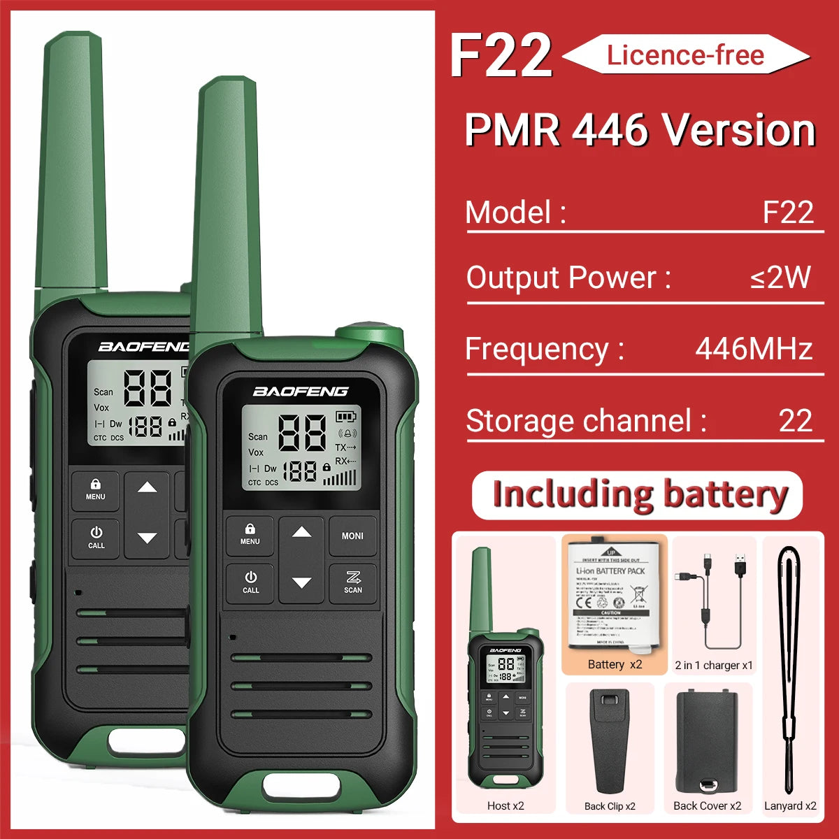 2 Radios Baofeng F22 Mini Walkie Talkie PMR 446MHz Largo Alcance NOAA Cargador Tipo-C Portátiles para Senderismo