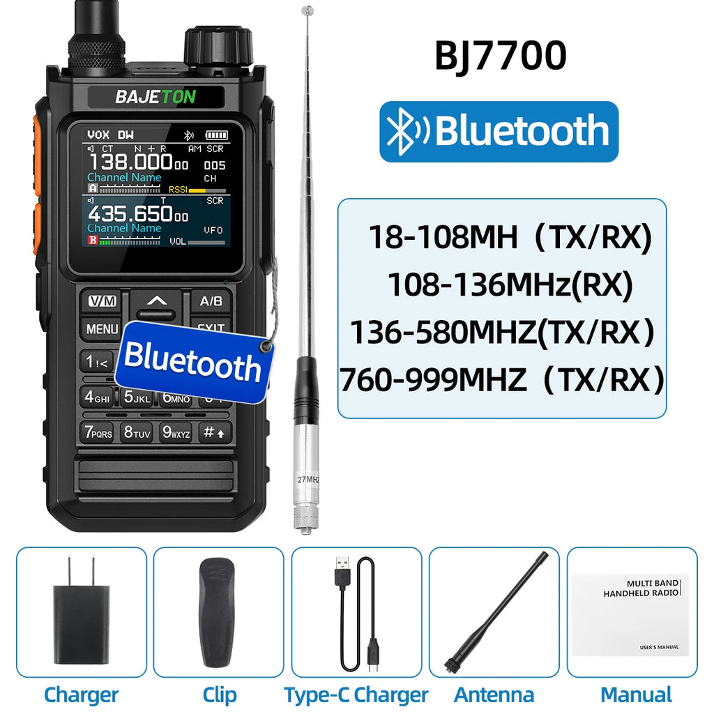 BAJETON BJ7700 Walkie Talkie Multibanda Bluetooth Programable, Reducción de Ruido, AM/FM Radio Ham para Camping BJ8200