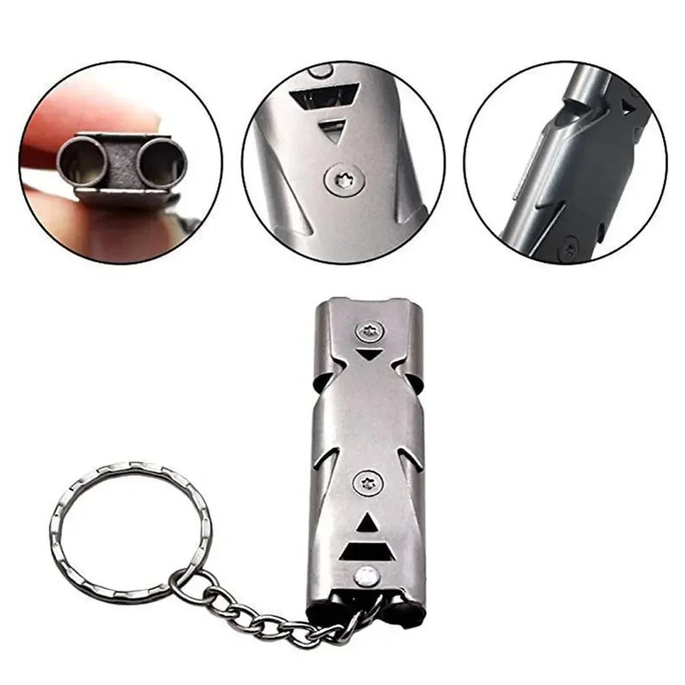 Silbato Doble Tubo Portátil de Acero Inoxidable para Supervivencia y Camping – Alta Potencia, Llavero de Emergencia