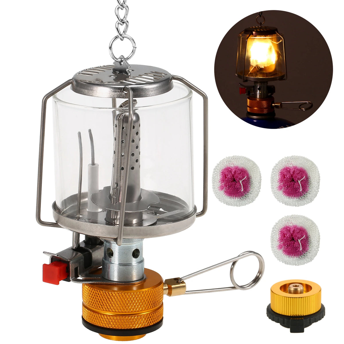 Linterna de Gas Portátil para Camping con Encendido Piezoeléctrico y 3 Camisas de Repuesto