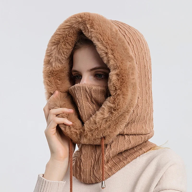 Gorro de Invierno con Máscara y Capucha para Mujer, Tejido de Cachemira, Calidez para Cuello, Esquí y Outdoor, Antiviento, Forro de Felpa, Estilo Ruso