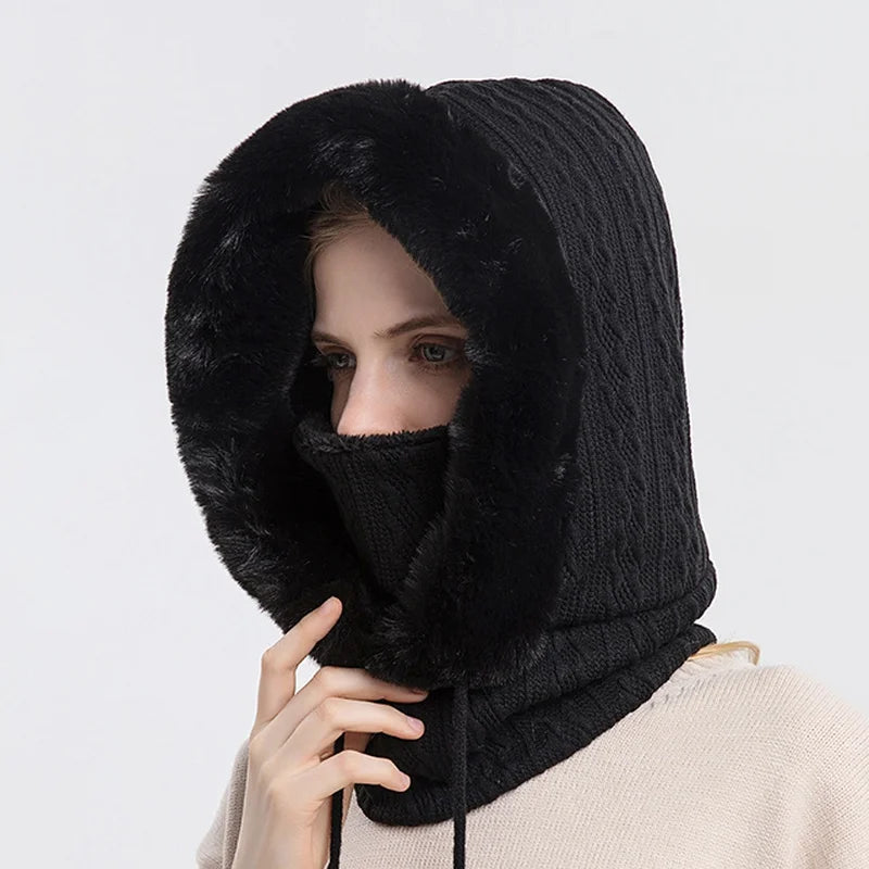 Gorro de Invierno con Máscara y Capucha para Mujer, Tejido de Cachemira, Calidez para Cuello, Esquí y Outdoor, Antiviento, Forro de Felpa, Estilo Ruso