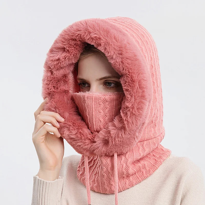 Gorro de Invierno con Máscara y Capucha para Mujer, Tejido de Cachemira, Calidez para Cuello, Esquí y Outdoor, Antiviento, Forro de Felpa, Estilo Ruso