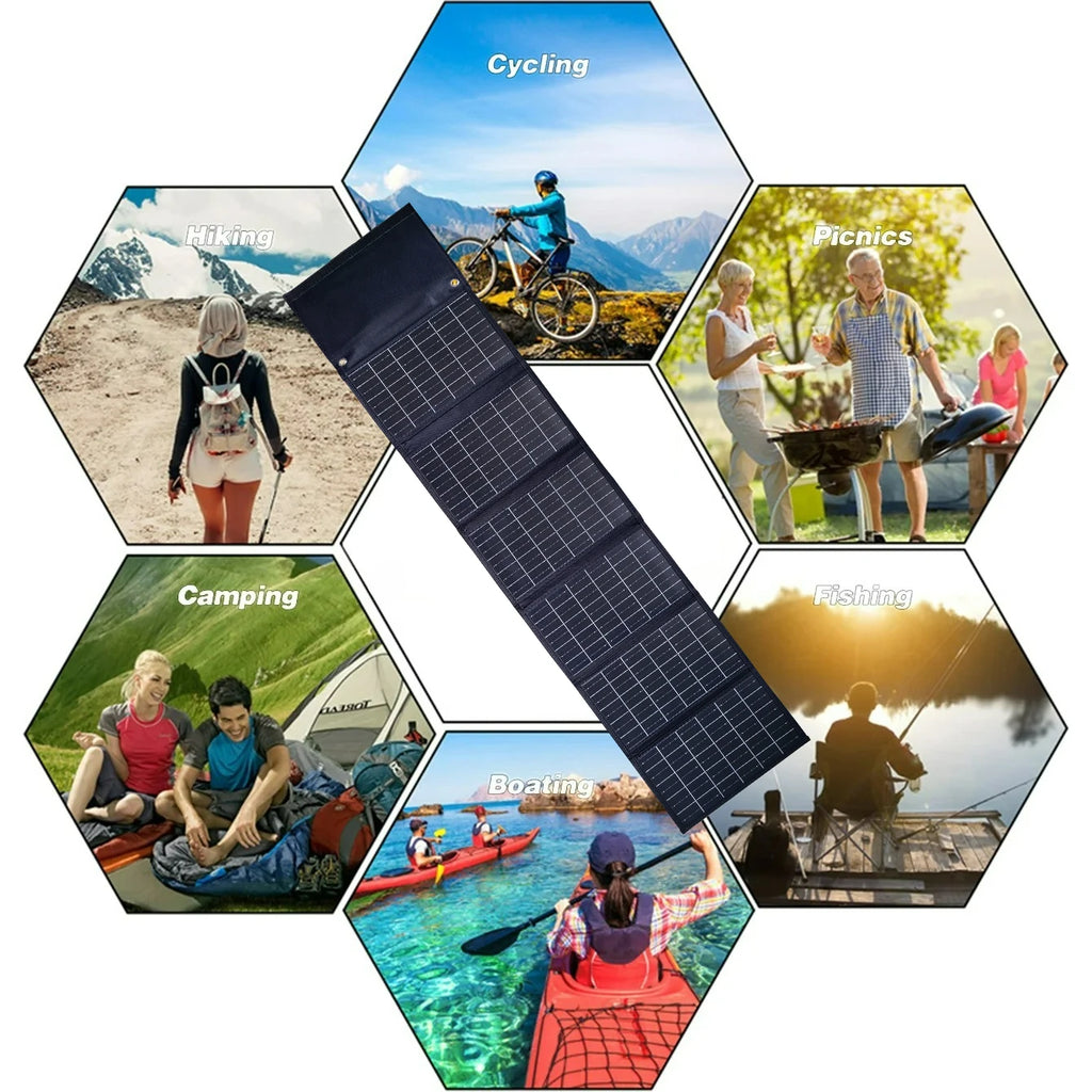 Cargador Solar Impermeable 50W 90W Plegable y Portátil con Salidas USB y DC para Exteriores Emergencias Camping Senderismo